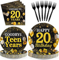 Grencian 96Pcs Happy 20th Birthday Party Supplies Gold and Black Goodbye Teen Years Paper Plates and Napkins Cheers 20 Years Sets for 20 Year Old Teen Girls Theme Party Decoration Serves 24