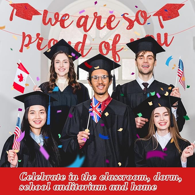 2026 Graduation Decorations Pre-Strung Blingbling We Are So Proud of You Banner Glitter Graduation Garland for Class of 2026 High School College Grad Party (Red)