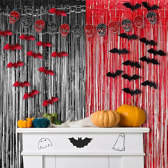 Foil Fringe Curtain Party Decorations - Black Red Metallic Tinsel Backdrop Party Steamers Curtains for Stranger/Boy/Men/Birthday/Prom/Bachelorette/Holidays Parties Decorations
