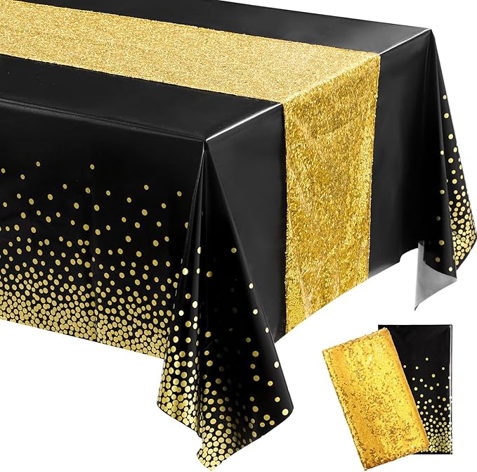 Irenare Tablecloth and Sequin Table Runner Set Polka Dots Confetti Table Cover Dining Plastic Tablecloths Glitter Decorations for Birthday Wedding Anniversary Party Supplies (Black, Gold,2 Pcs)
