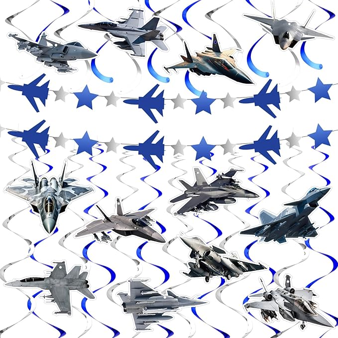 26 Pcs Airplane Party Supplies Air Force Banner Garland Hanging Swirls Fighter Jet Party Decoration for Birthday Retirement Airplane Whirls Ceiling Swirls Streamers Aviation Decoration