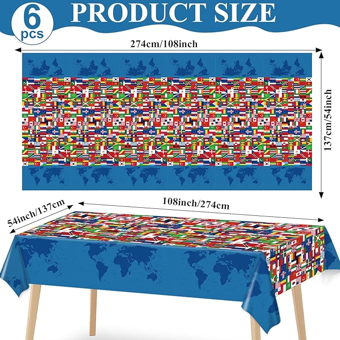 6 Pieces International Flag Tablecover World Flag Party Tablecloth Decorations Disposable Plastic Table Cover Birthday Party Decor Supplies Favors Outdoor Indoor