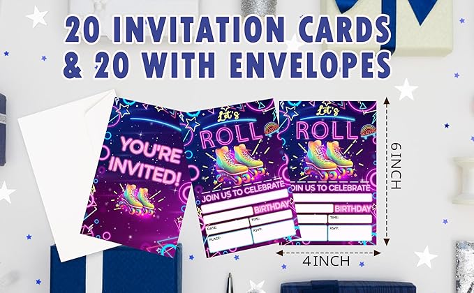 CLIRBE Let's Roll Birthday Party Invitations, Glow Purple Birthday Invitations For Brother Bro Teen Boys Girls, 20 Invites Cards With 20 Envelopes, Party Supplies Favors -H06