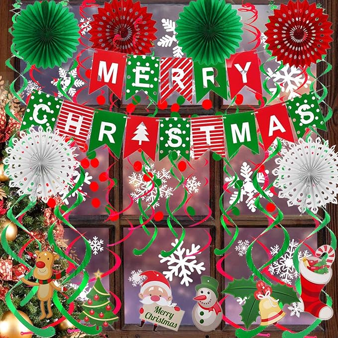 FECEDY Merry Christmas Banner Paper Fan Flower Circle Confetti Dots Hanging Garlandand Swirl Streamers Christmas Tree Christmas Snowman God Tang for Christmas Party Decoration