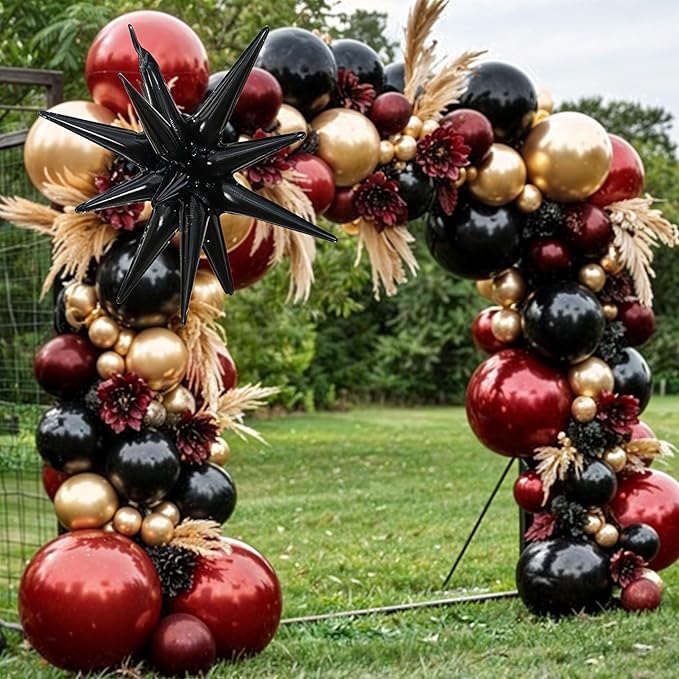 Black Burgundy Gold Balloon Arch Kit, Maroon Black Gold Balloons Garland, Clear White Red Metallic Balloons with Stars Balloon for Birthday Retirement Graduation Celebrations Class of 2025 Party Decor