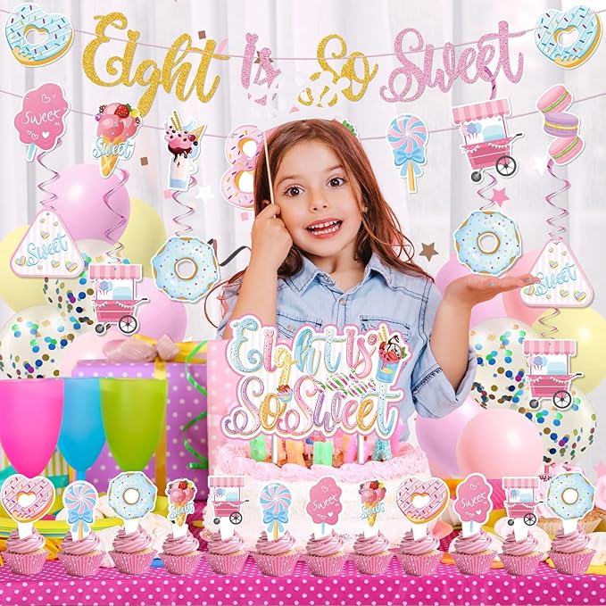 Sweet Sassy And Eight Birthday Decorations- 8th Birthday Decorations For Girls With Donut Banner Sweet Cake Topper 8th Foil Balloon For 8th Donut Themed Party Decor Sweet Eight Party Supplies