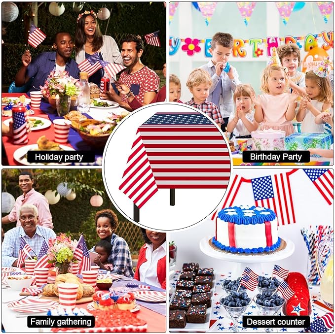 Childom 2 Pack Patriotic Tablecloths,Patriotic Decorations 54" x 108" Disposable American Flag Tablecloths for Event,Party Table Cloth Plastic for Veterans Day,4th of July,Picnic,Dinner,Party Supplies
