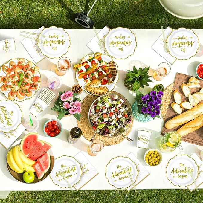 168Pcs The Adventure Begins Party Decoration Disposable White Gold Engagement Plates and Napkins Retirement Party Tableware Set For Graduation Retirement Wedding Bridal Shower Bachelorette Supplies