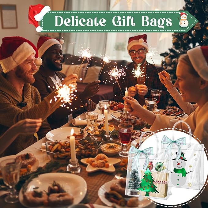 Henoyso 24 Pcs Christmas Clear Gift Bags Plastic Candy Treat Goodie Bags Red Foil Santa PVC Wrap Totes with Handles and Ribbon Xmas Party Favors (Green Christmas,7.8 x 7.8 x 3.1 Inch)