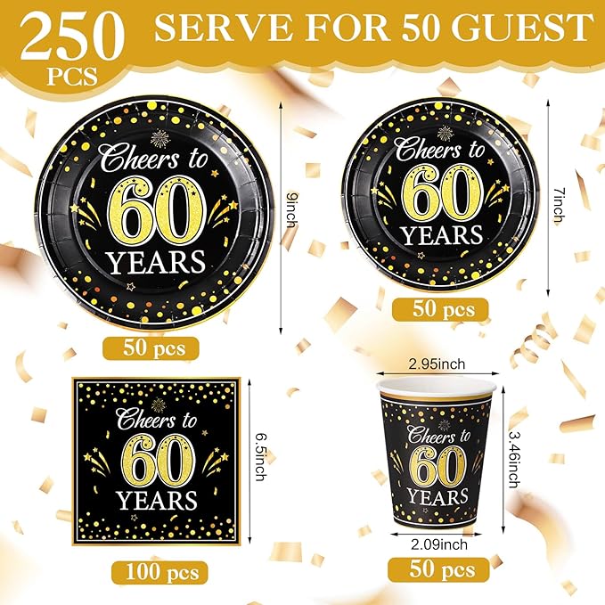 Pickmesh 250 Pcs 60th Birthday Party Supplies Decorations Serve 50 Black Gold Cheers to 60 Years Disposable Paper Plates Napkins and Cups for Women Men 50th Birthday Wedding Anniversary Party Supplies