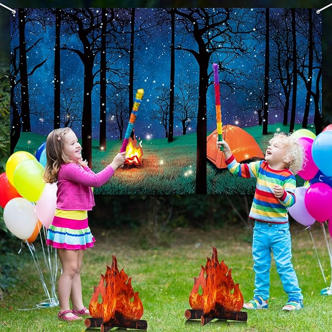 Forest Scene Camping Backdrop Photography Background Campfire Photo Backdrop and 2 Sets 3D Decorative Cardboard Campfire Centerpiece Artificial Fire Party Decoration for Camping Theme Party