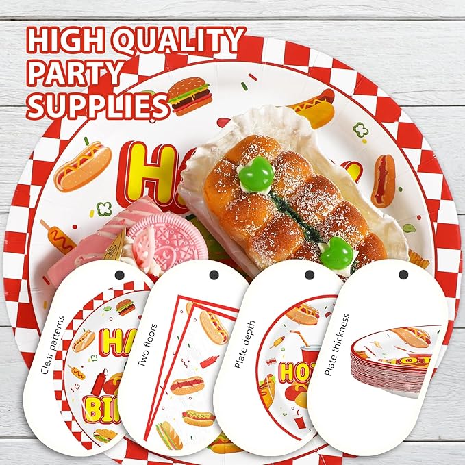 Grencian 96Pcs Hot Dog Birthday Party Supplies Fast Food Party Plates and Napkins Disposable Hotdog Birthday Decorations Tableware Set for Picnic Baby Shower Sausage Summer BBQ Serves 24