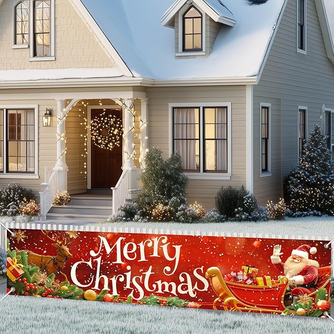Merry Christmas Banner 79x18 Inches Santa Sleigh and Reindeer Christmas Fence Banner Outdoor Holiday Backdrop for Yard Wall Christmas Door Decorations Large Winter Backdrop Outdoor Display