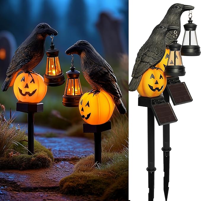 Dazzle Bright 2 Pack Halloween Crow Pathway Lights Outdoor, Solar Powered Resin Crow with Pumpkin Walkway Lights, Stake Light for Halloween Pathway Garden Lawn Yard Gifts Decoration