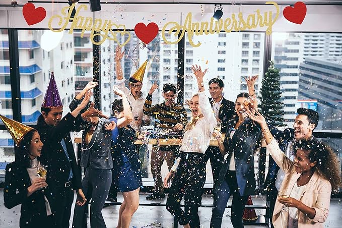 Pre-Strung Happy Anniversary Banner - Gold Glitter Decorations, Perfect for Wedding & Work Anniversary Parties, Photo Booth Props
