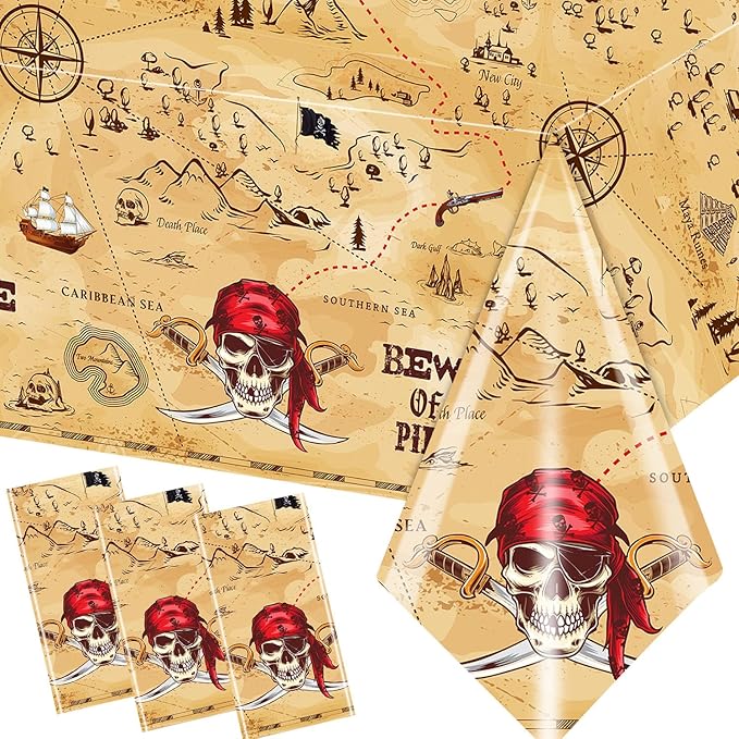 HAKOTI 3Pcs Pirate Tablecloth - Treasure Map Table Cover for Birthday Party Decoration, Navigation and Adventure Supplies - Disposable Beware of the Pirate Theme