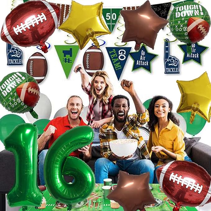 Football Birthday Decorations - 16th Birthday Balloon Rugby Gold Brown Star Touchdown Sports Theme Party Supplies - 10Pcs