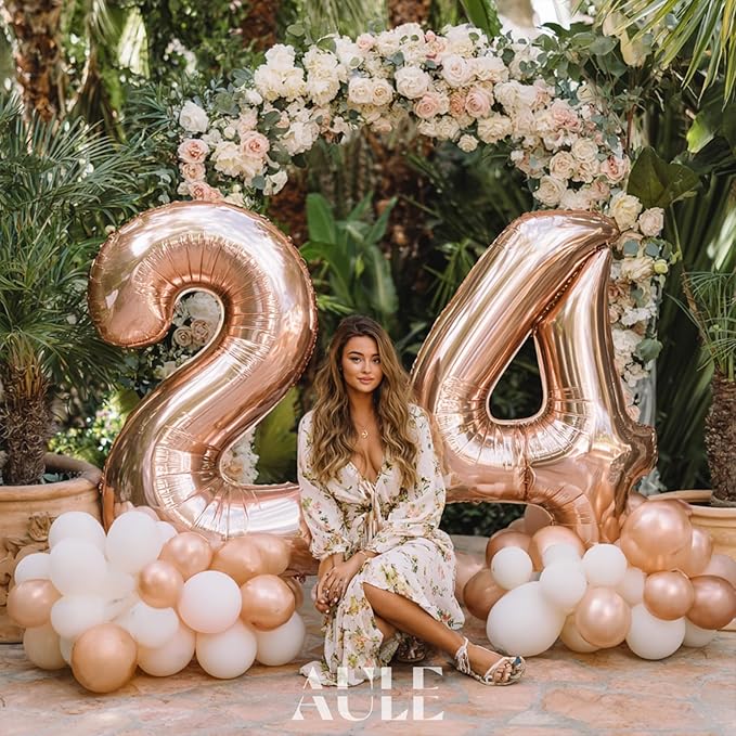 AULE 40 Inch Large 24 Number Balloons Rose Gold Big Foil Number Balloons Giant Helium Happy 24th Birthday Party Decorations for Women Huge Mylar 42 Anniversary Supplies