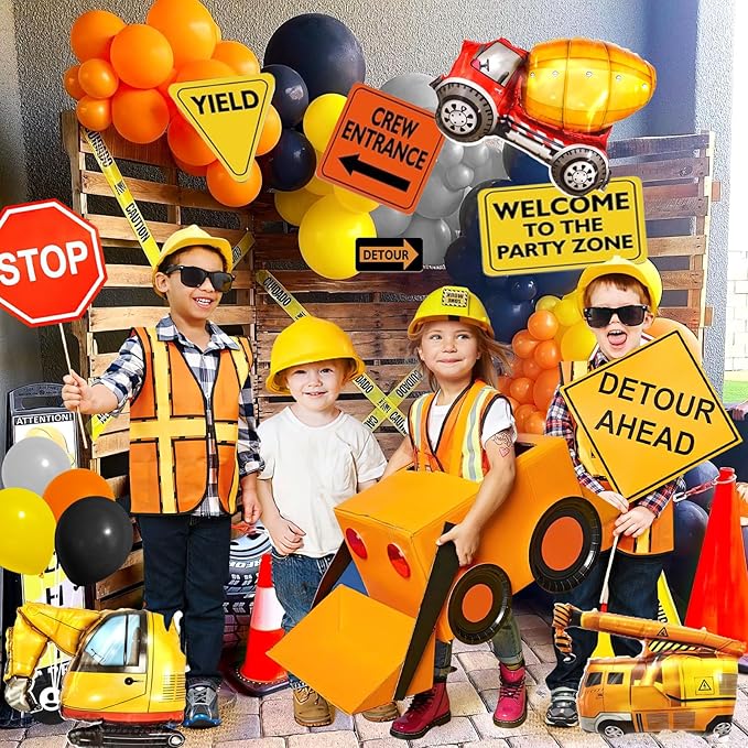 151Pcs Construction Party Decorations Birthday Supplies Construction Balloon Arch Caution Tape Caution Sticker Truck Foil Balloon Boy Kid Build Theme Birthday Party Decoration