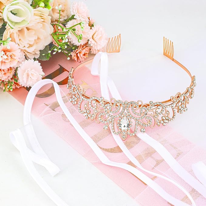 CIEHER Bachelorette Party Favors - White Veil, Bride to Be Sash & Crown for Bridal Shower Decoraions Wedding Party Gifts - Rose Gold Bridal Sash