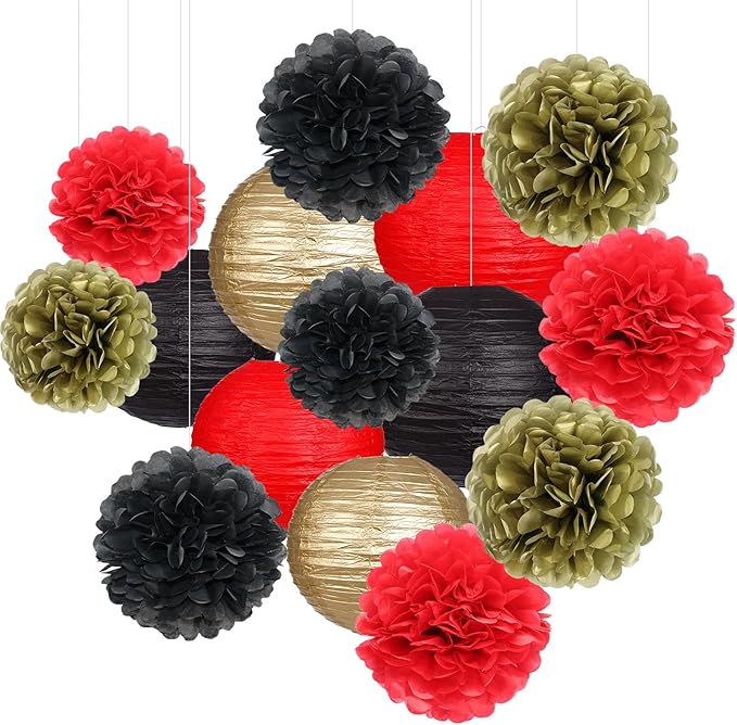 zilue Red and Black Party Decorations, Paper Lanterns and Pom Poms Flowers for Birthday Party New Years Retirement Decor Pack of 15 Pieces