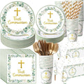 Ceenna 452 Pcs First Communion Party Decoration Boy for 50, Green Baptism Paper Plate Napkin Cup Tablecloth Cutlery Straw God Bless Disposable Tableware for Christening Religious Baby Shower Supplies