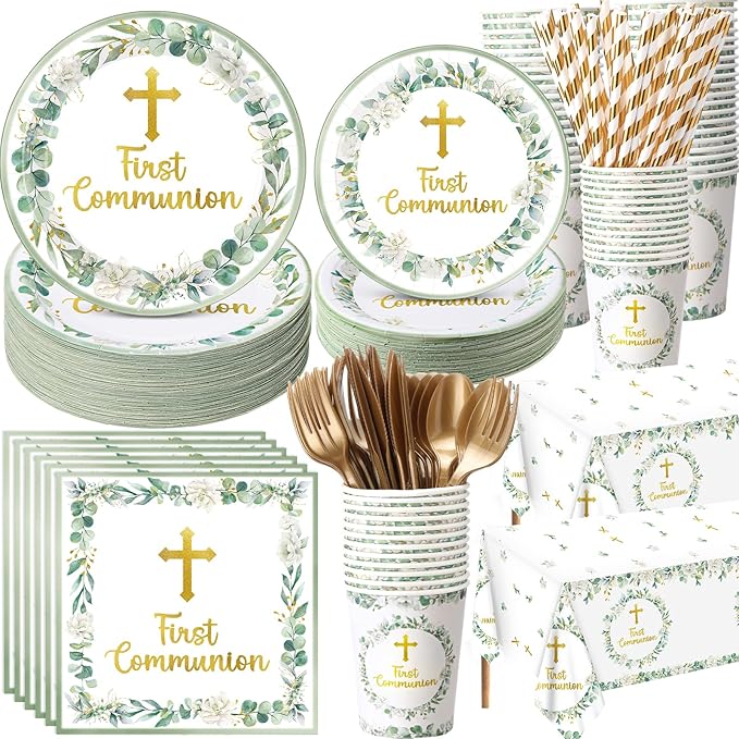 Ceenna 452 Pcs First Communion Party Decoration Boy for 50, Green Baptism Paper Plate Napkin Cup Tablecloth Cutlery Straw God Bless Disposable Tableware for Christening Religious Baby Shower Supplies