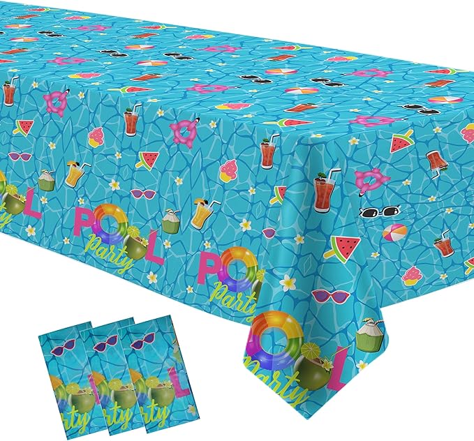 Pool Party Decorations Tablecloth, Disposable Summer Beach Party Tablecover for Birthday Baby Shower, Beach Pool Theme Party Table Decorations, 3Pack, 54in x 108in