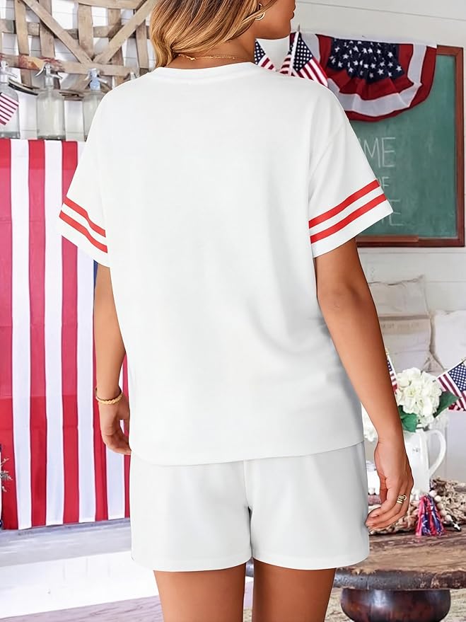 VILOVE 4th of July 2 Piece Sequin Outfits Women 250 Anniversary Usa Shirts and Short Sets Casual Patriotic Shirt Summer Set