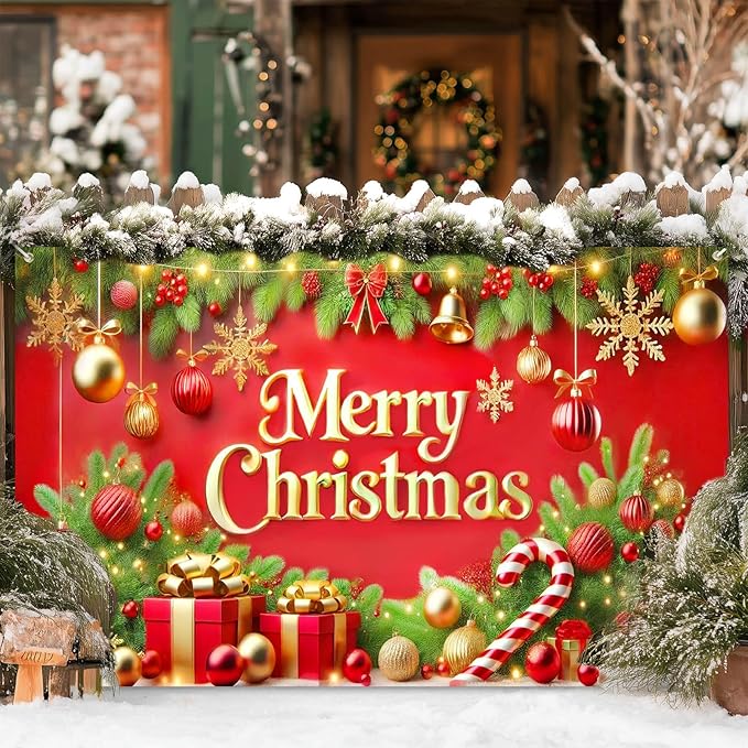 Merry Christmas Backdrop 71x43 Inches Red and Gold Gift Box Scene Banner Holiday Party Photography Background Indoor Outdoor Christmas Decorations for Wall or Door