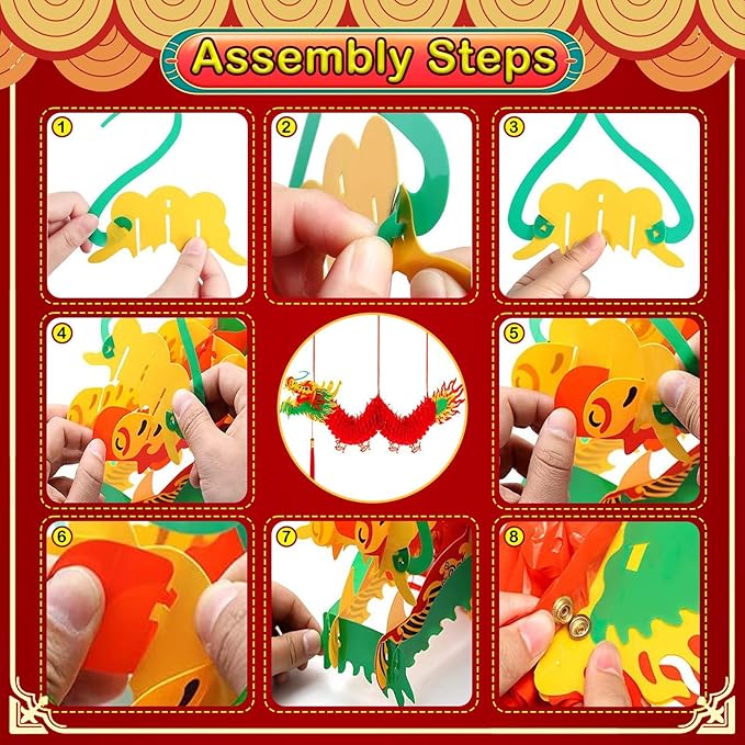 3D Chinese New Year Decorations 2026, Chinese Dragon Decoration with 1 Dragon and 12 Red Plastic Paper Lanterns for Spring Festival Party Lunar New Year Decorations 2026