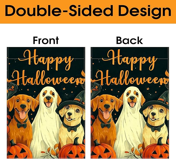 Fall Garden Flag for Outside, Happy Halloween Pumpkin Dog Garden Flags - 12x18 Inch Double Sided, Halloween Fall Decorations Outdoor, Burlap Halloweens Gardens Flag Decor for Outside Home, Falls Flags