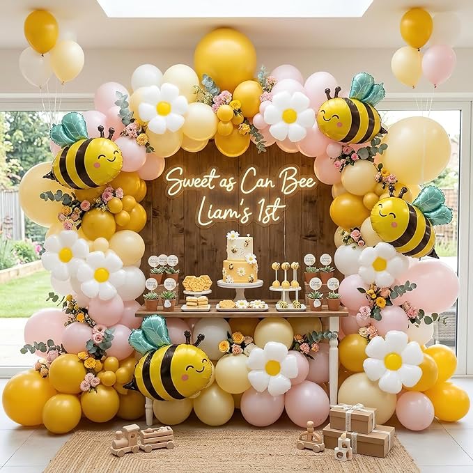 Bee Balloons Garland Arch Kit 134 pcs yellow pestal pink balloon Arch with bee daisy balloons for Baby Shower Lemonade Birthday Honeybee Party Decor