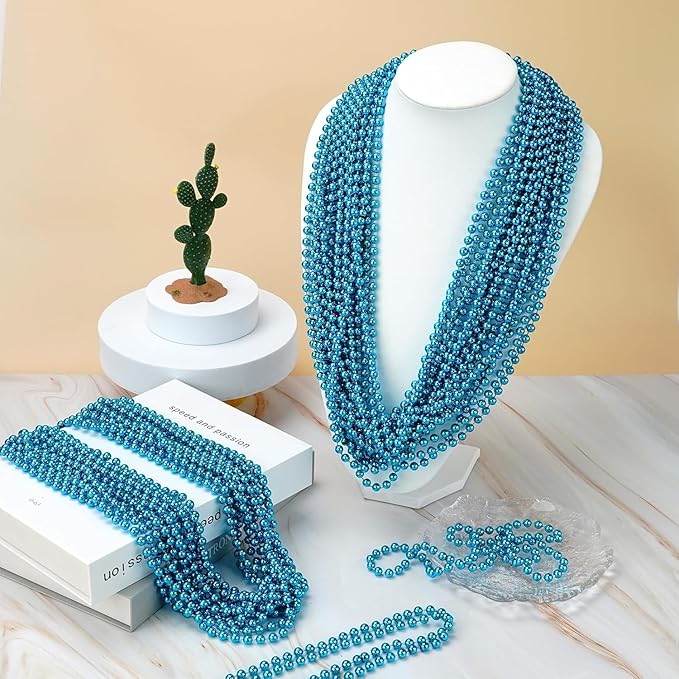SHAOQINLIN 144 PCS Teal Bead Necklaces, Teal Mardi Gras Beads Necklaces Turquoise Party Beads Necklace Bulk Oval Beaded Necklaces for Mardi Gras, Christmas, School Spirit Day Party Favors