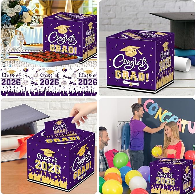 Graduation Card Box 2026 - Congrats Grad Card Boxes Holder, Purple and Gold Class of 2026 Graduation Gift Cards Box for Graduation Party Decorations 2026 Favors Decor Supplies Props,9x 9 x 9 inches