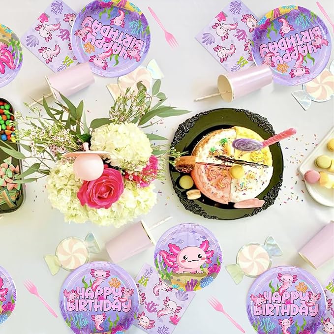 96Pcs Axolotl Birthday Party Supplies Pink Cartoon Axolotl Party Plates and Napkins Tableware Sets Reptile Animals Axolotl Party Decorations for Kids Girls Baby Shower Party Favors, Serves 24