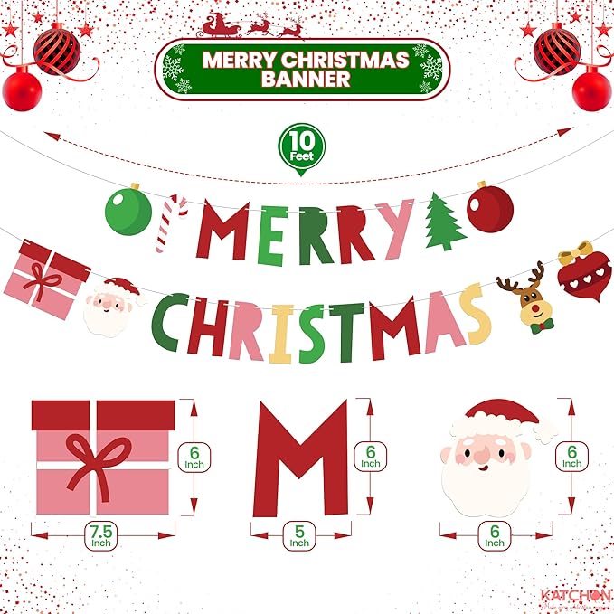 KatchOn, Colorful Merry Christmas Banner - 10 Feet, No DIY | Merry Christmas Decorations Outdoor, Indoor | Red Xmas Decorations | Hanging Garland Decoration for Home Wall Mantle Fireplace Party