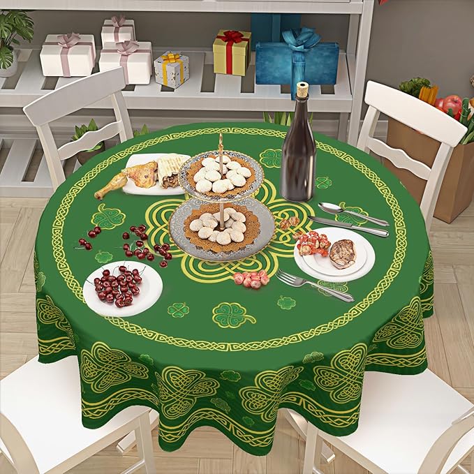 St. Patrick's Day Round Tablecloth 70 Inch Leaf Clover Pattern Circle Table Cloth Green Table Cover Washable Polyester Indoor Decorations for Home Kitchen Dinning Party