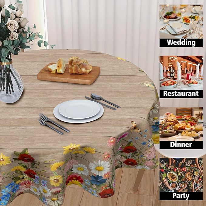 Spring Summer Round Tablecloth 60 Inch Vintage Floral Brown Wood Circle Table Cloth Farmhouse Table Cover Washable Polyester Indoor Decorations for Home Kitchen Dinning Party