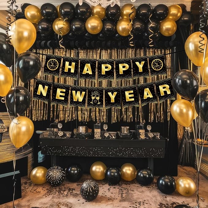 Happy New Year Decorations 2026 - Black Gold New Year Party Banner - Reusable New Years Eve Party Supplies 2026 (Style A)