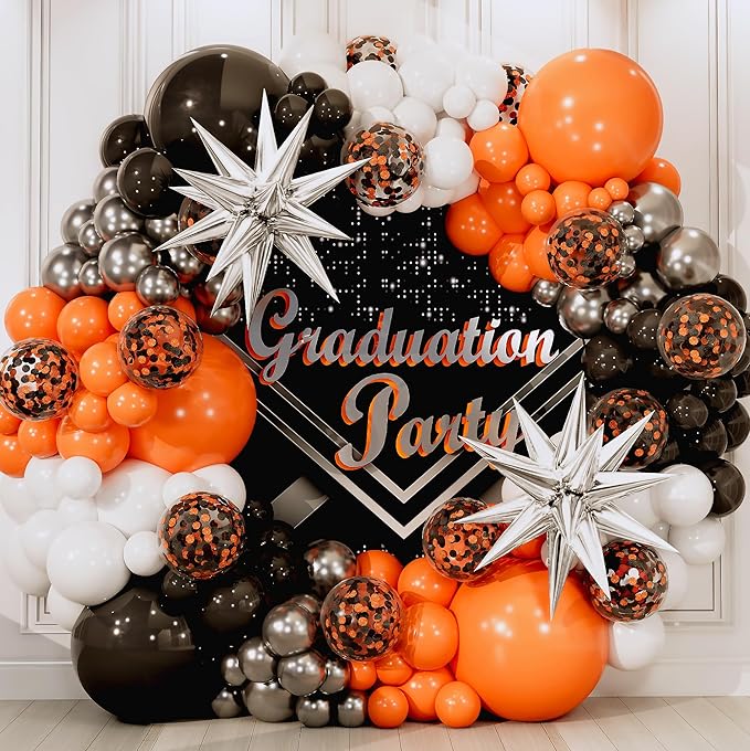 ALL-IN-1 Orange Black White Balloons Arch Kit with BONUS Starburst Balloons – Small & Large White Orange Black Balloons – Party Decorations for Graduation, Birthday Bengals, Halloween, Harley Davidson
