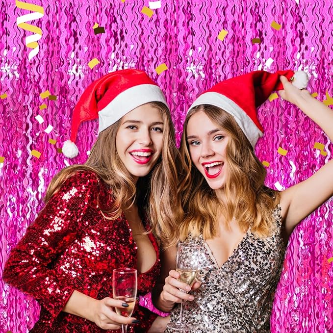 4 Pack Rose Red Wave Foil Fringe Curtain Backdrop, 3.28Ft x 8.2Ft Metallic Tinsel Foil Fringe Streamer Curtains for Photo Booth, Mother's Day, Easter, Birthday, Wedding Party Decoration