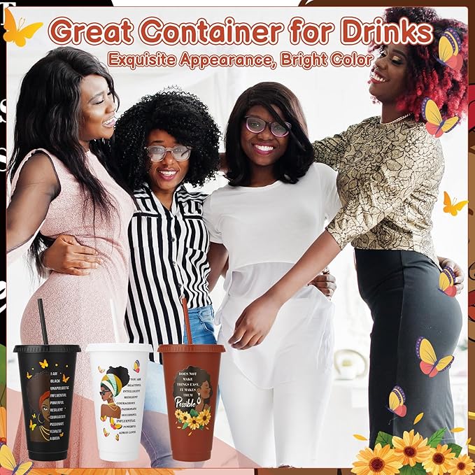 12 Pcs African American Cups with Lids and Straws, 24 oz Black Women Drinking Cups Black Owned Inspirational Gift for Women Lady