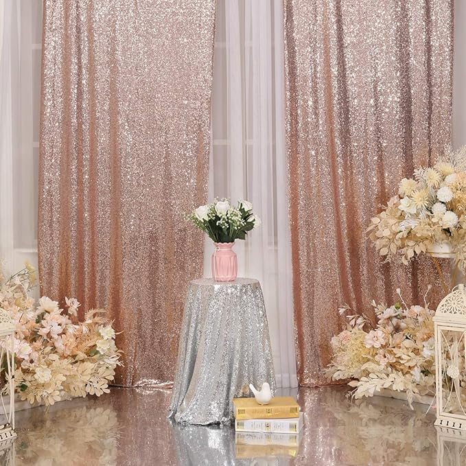 Juya Delight 2ft x 8ft x 2Pcs Rose Gold Sequin Photography Backdrop Curtain for Party Banquet Festival Wedding Anniversary Exhibition