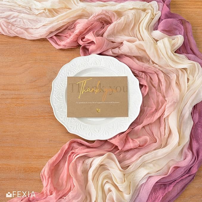 FEXIA Cheesecloth Table Runner 35x120 Inch, Ombre Pink Gauze Table Runner for Wedding, Bridal Shower, Boho Party Decor, Baby Shower, Long Table Centerpiece for Dining Table (Blush Sunset)