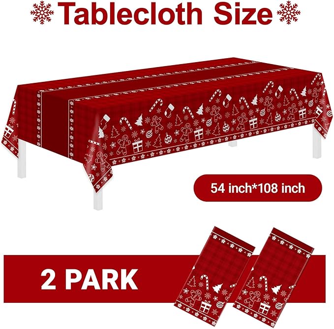 Childom 2 Pack Christmas Tablecloths Disposable,Christmas Decorations,54 x 108 Inch,Plastic Table Cloths for Rectangle Tables,Red Themed Checkered Table Covers for Xmas,Indoor,Outdoor,Birthday,Parties