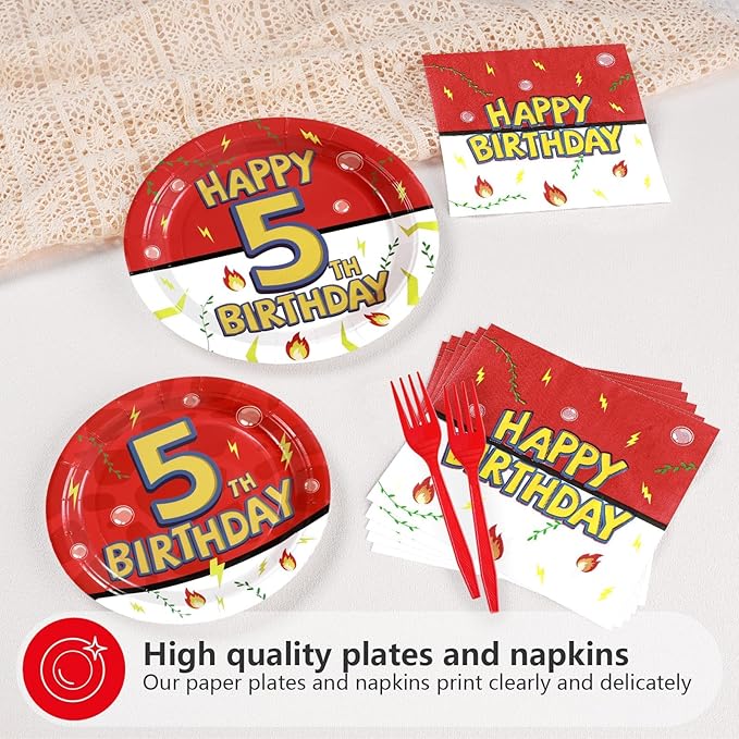 Grencian 96Pcs 5th Cartoon Happy Birthday Party Supplies Red and White Paper Plates and Napkins Tableware Sets Large Anime Themed Decoration for Birthday Cartoon Kids Children Party Serves 24