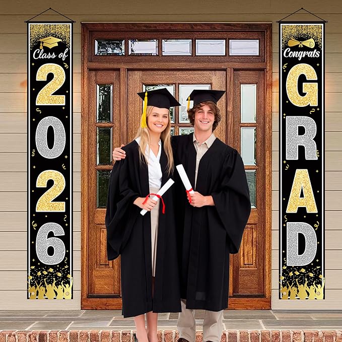 OHOME Graduation Decorations 2026 - Black Gold Congrats Grad Porch Banner for Graduation Party Decorations - Class of 2026 - Party Favors Supplies Backdrop Yard Signs Decor (Black)