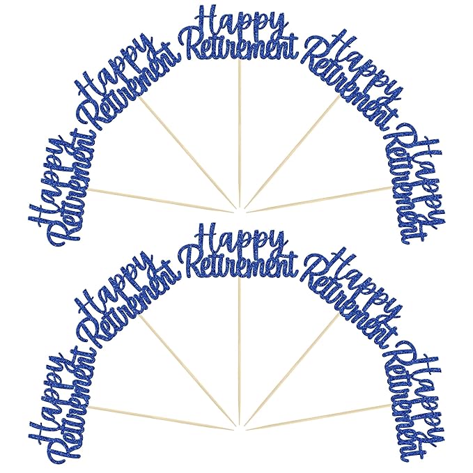 Gyufise 36 Pack Happy Retirement Cupcake Toppers Blue Glitter Retired Cupcake Picks Decorations for Retirement Theme Birthday Party Cake Decorations