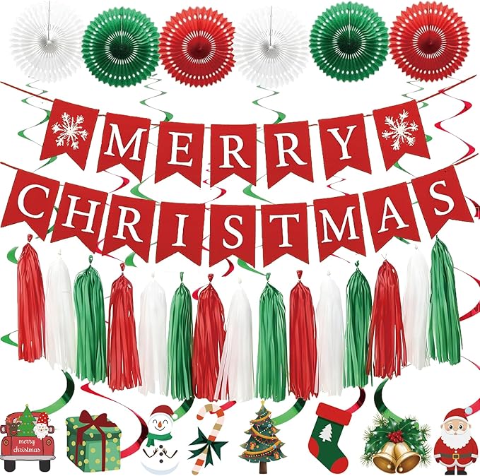 Christmas Party Decorations Set – Merry Christmas Banner, Red Green White Tassel Garland, Paper Fans & Hanging Swirl Ornaments with Xmas Cutouts – Holiday Christmas Decorations for Home, Office, School